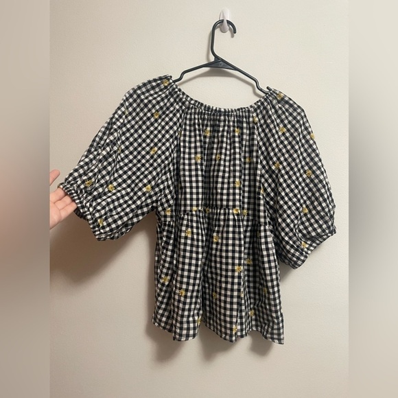Old Navy - Women’s Blouse Black White Gingham Embroidered Puff Sleeve - Size M - Picture 2 of 6